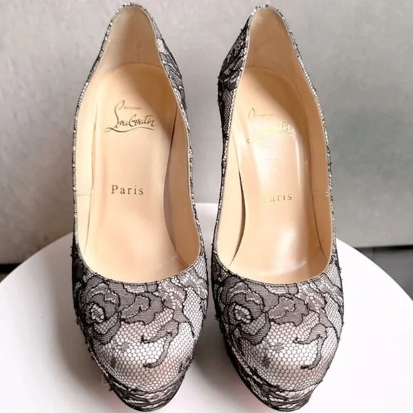 🌺CHRISTIAN LOUBOUTIN 👠 Pink Satin And Black Lace Platform Pump Size: 35.5 - Picture 6 of 13